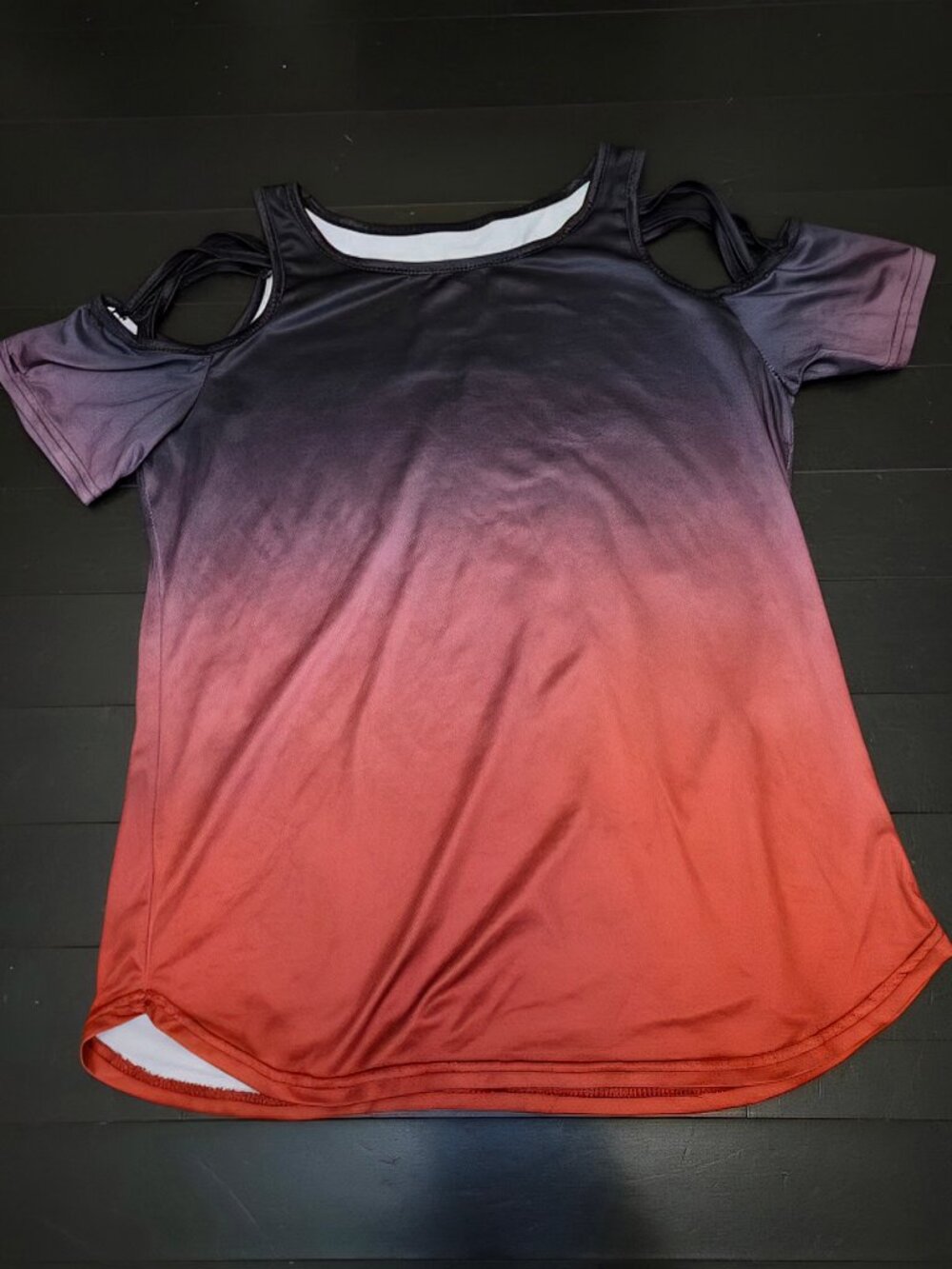 Goth Ombre Cold Shoulder Top Black Red Gradient Cutout Strappy T-Shirt S M